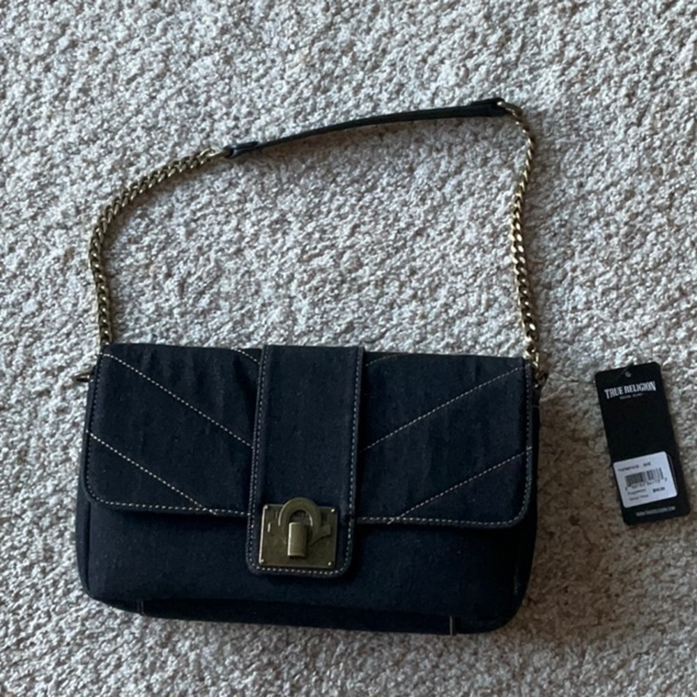 NWT True religion denim handbag dark blue with gold stitching. 11.78w 7.5in h.